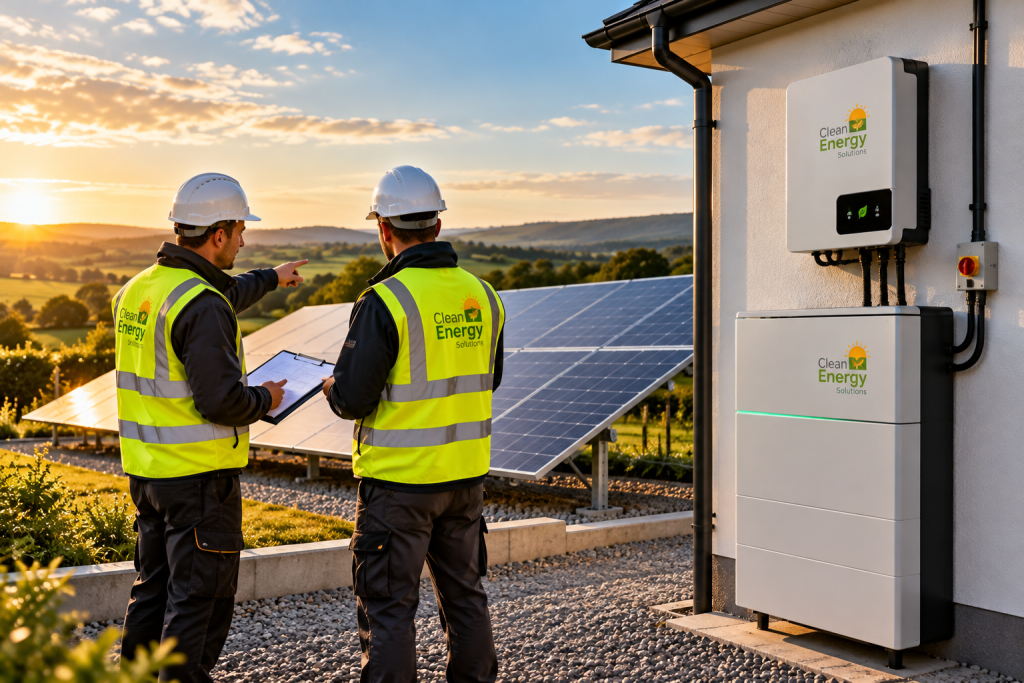 Two Clean Energy Solutions technicians reviewing a ground-mounted solar PV and battery installation